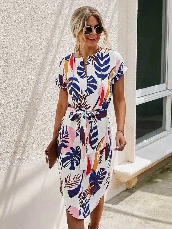 Printed Lace-up Side Split Female Dress