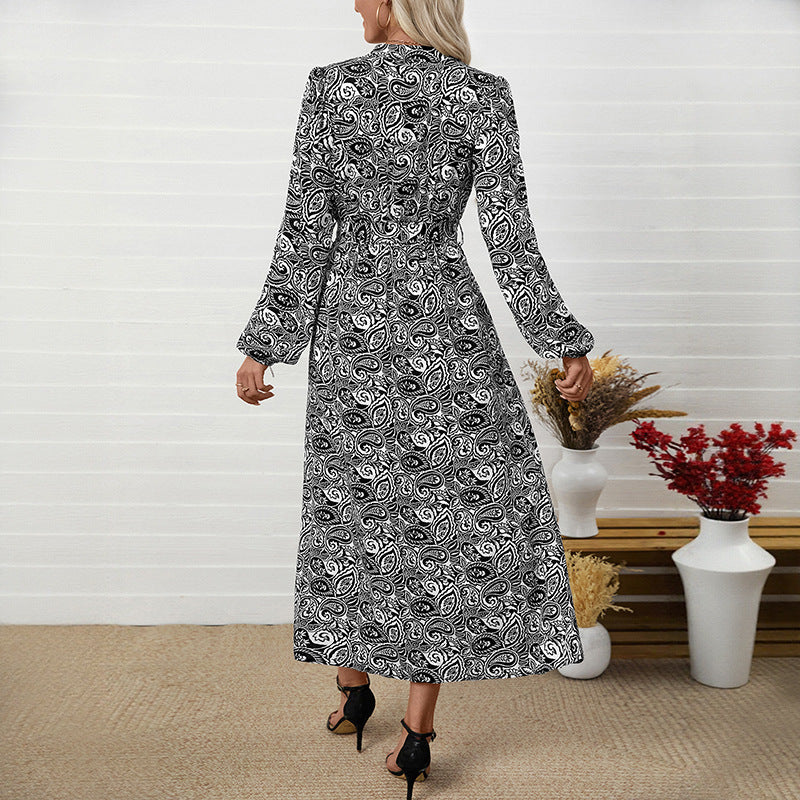 Paisley Printed Elegant V-neck Long-sleeve Dress
