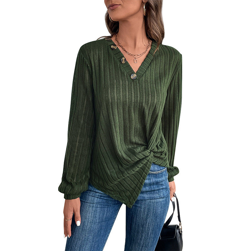 Fall V-neck Women's Top Texture Sunken Stripe Long-sleeved Sweater