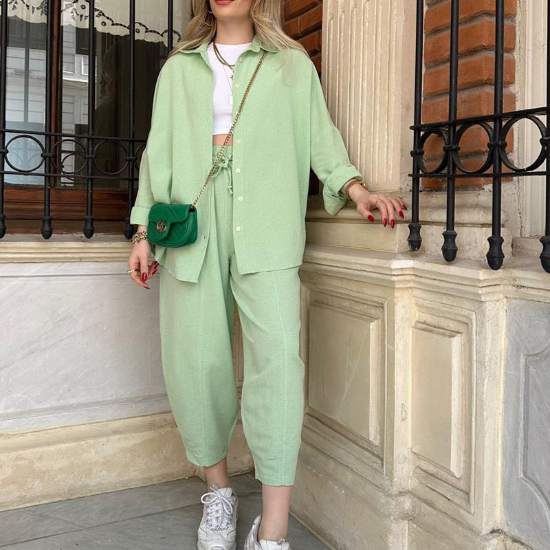 Cross-border New Fashion Casual Suit Versatile Loose Shirt High Waist Skinny Pants Two-piece Set