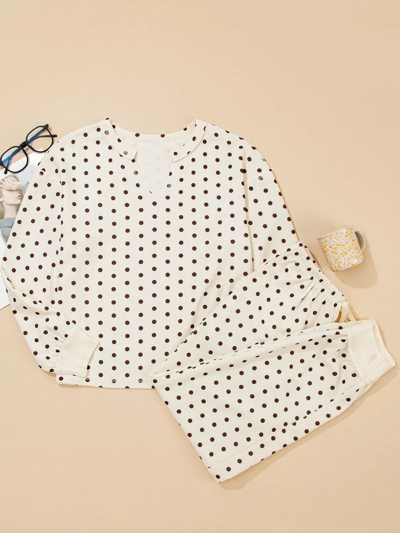 Polka Dot Notched Long Sleeve Top and Drawstring Loungewear Set