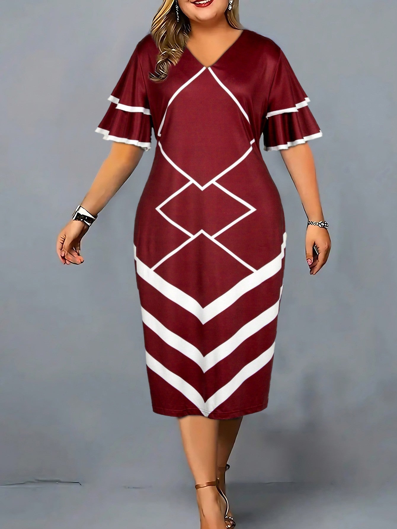 Printed Fashionable Elegant Slim-fit Sheath Plus Size Dress