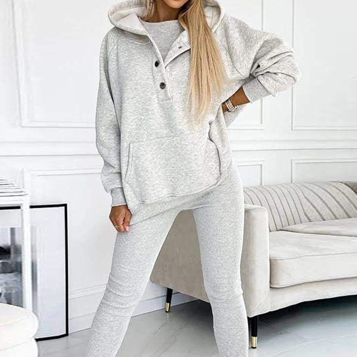 3pc Set Suit Loose Hooded Pockets Sweatshirt And Vest And Slim Trousers