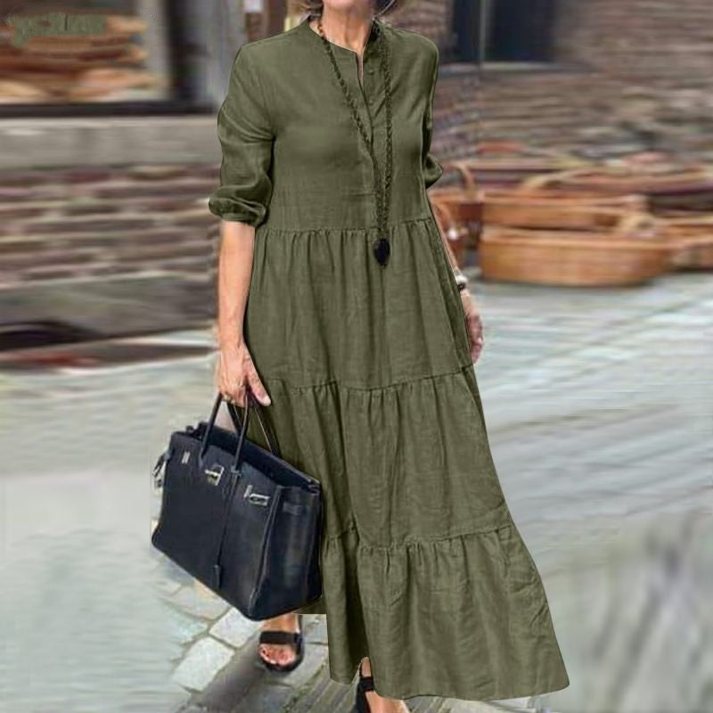Women's Solid Color Wide Hem Casual Loose Lapel Cotton Linen Long Dress