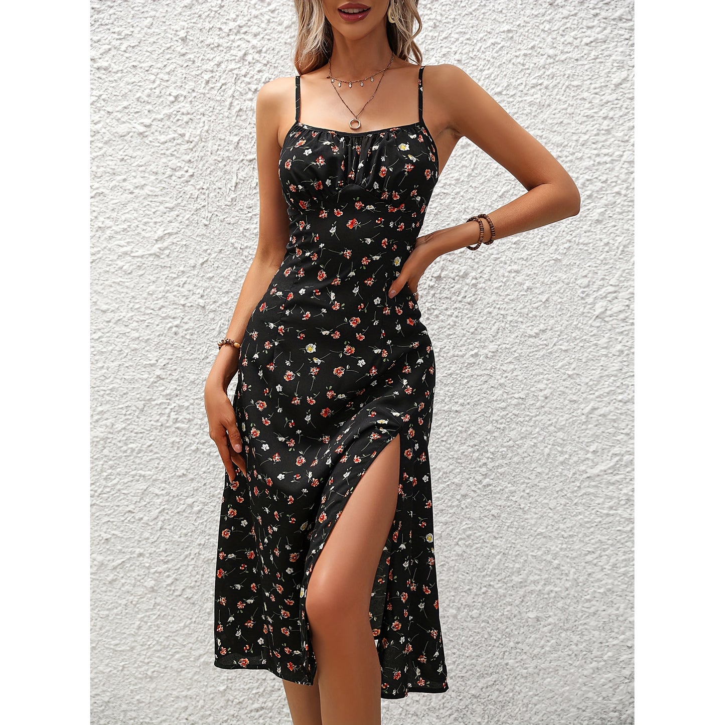 New Polka Dot Print Summer Sexy Suspender Dress Split Long Dresses For Women's Clothing