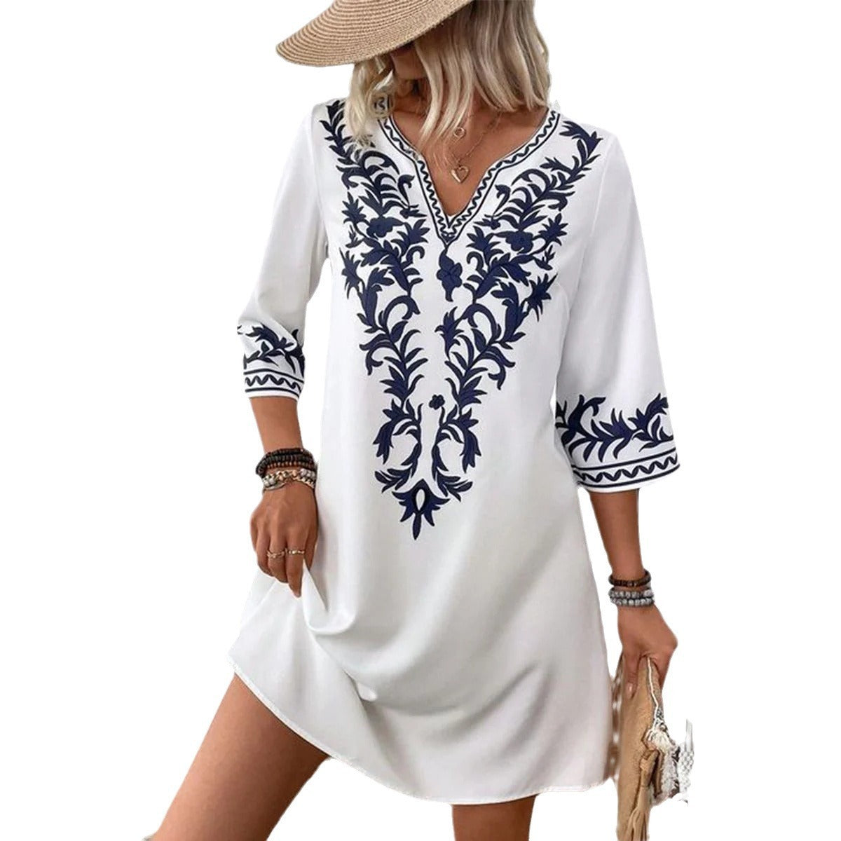 V-neck Bohemian Pastoral Style Half Sleeve Commuter Dress