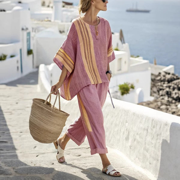 Loose Casual Vertical Stripes Ramie Bamboo Fiber Top