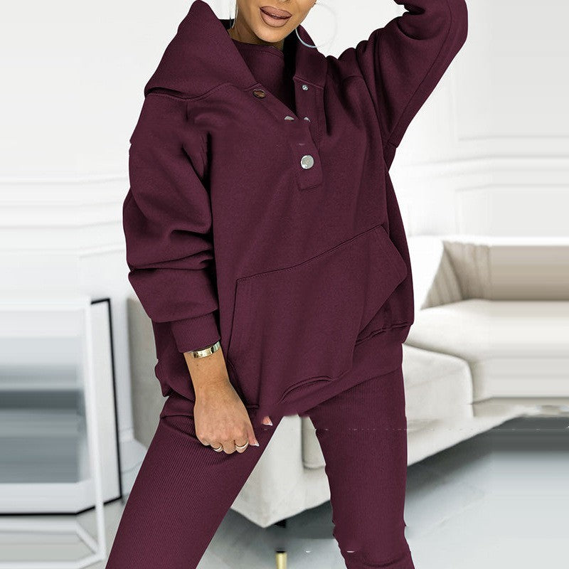 3pc Set Suit Loose Hooded Pockets Sweatshirt And Vest And Slim Trousers