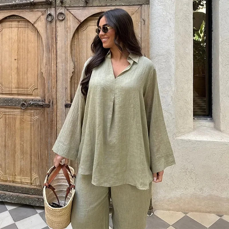 Summer And Autumn V-neck Women's Shirt Two-piece Set