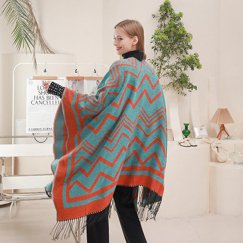 Fashionable With Side-slit Shawl Cape Herringbone Wave Scarf Shawl