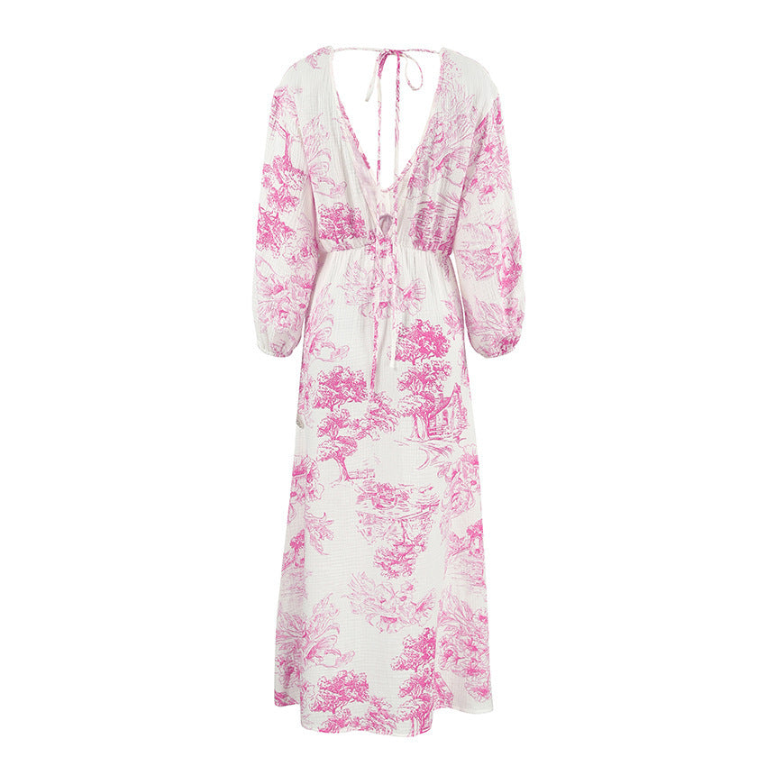 Elegant V-neck Lantern Sleeve All-matching Printed Dress