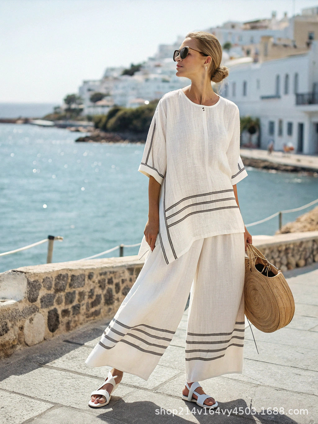 Loose Casual Vertical Stripes Ramie Bamboo Fiber Top
