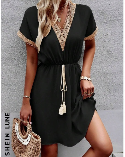 Stylish V-Neck Fringed Belted Dress