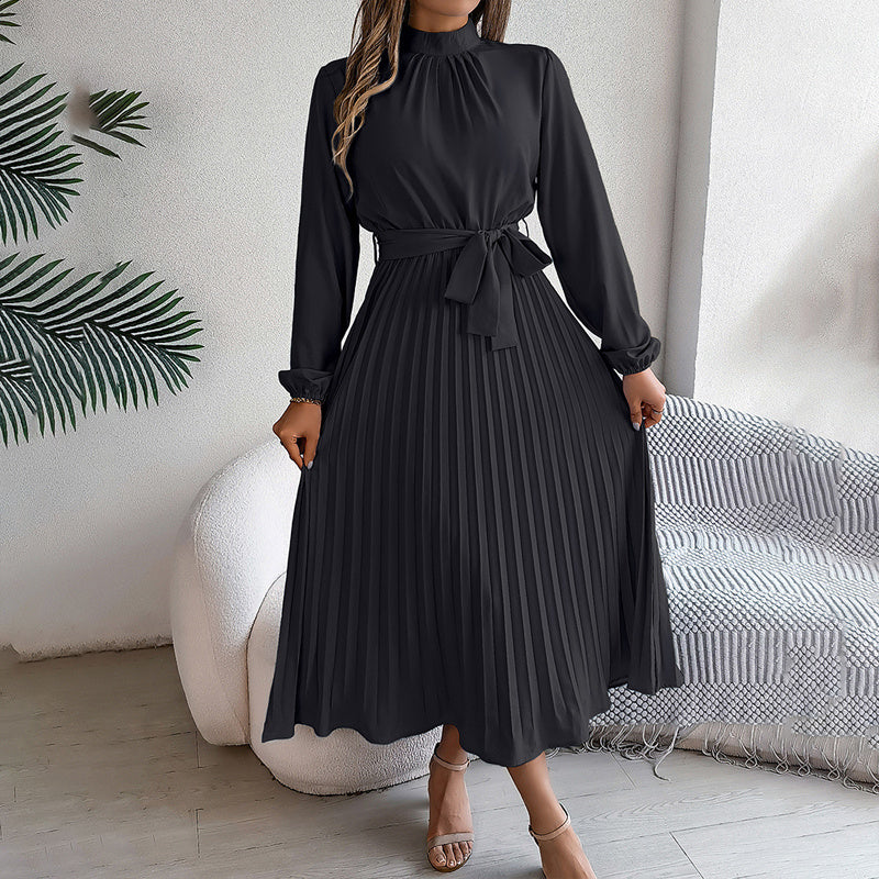 Elegant High Neck Long Sleeve Pleated Maxi Dress - Solid Color Flowy Dress For Women, Casual To Formal Wear