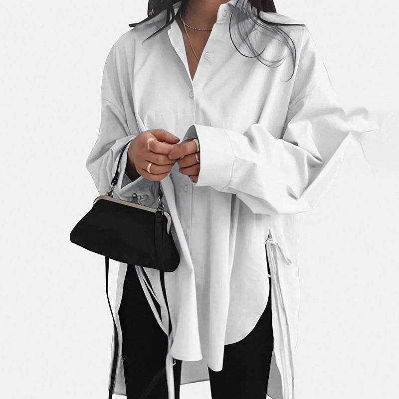 Women's Casual Loose-Fit Long Sleeve Shirt - Side Slit Tie Detail Button-Down Blouse, Solid Color Spring&Fall Top