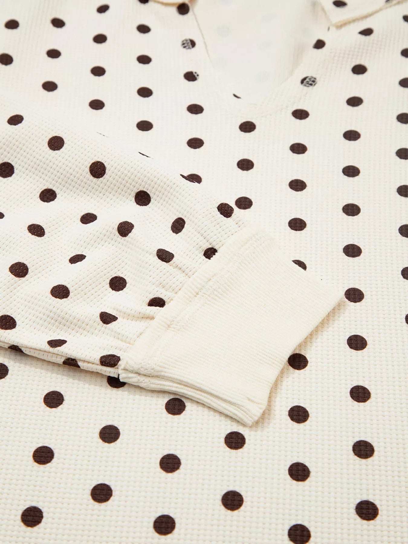 Polka Dot Notched Long Sleeve Top and Drawstring Loungewear Set