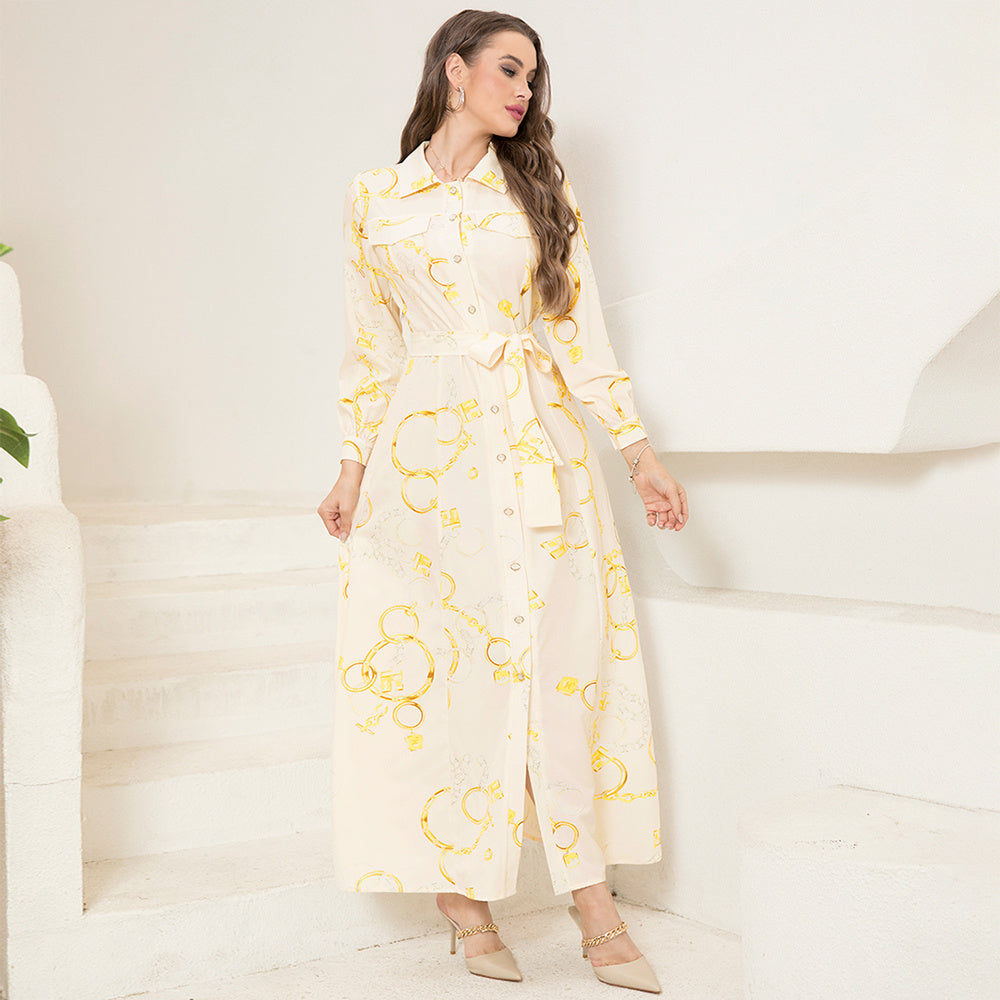 Elegant Style Lapel Chain Pattern Printing Buttons Pocket Belt Shirt Sleeve Long Dresses