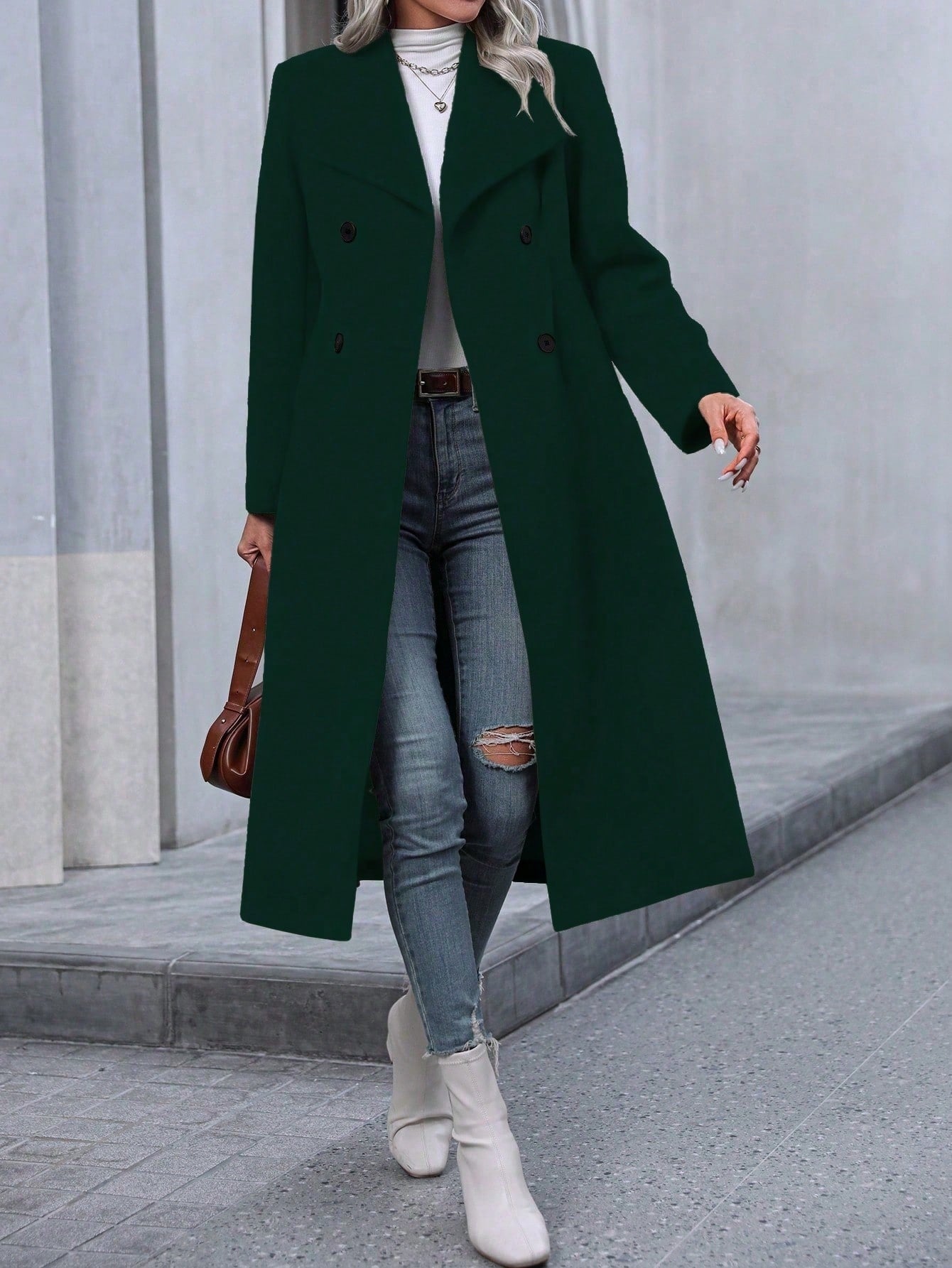 Double-breasted Long-sleeve Faux Wool Long Coat.