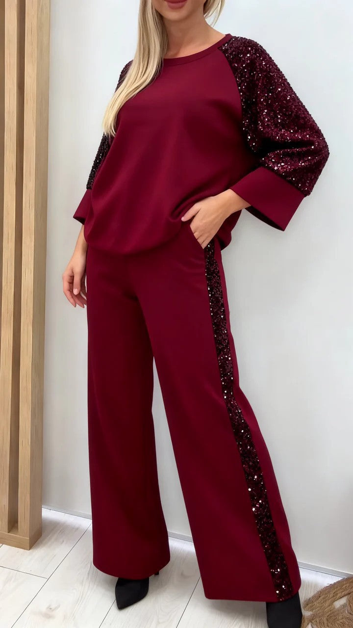 Sequined Patchwork Long-Sleeve Crew-Neck Sweatshirt And Sweatpants Set