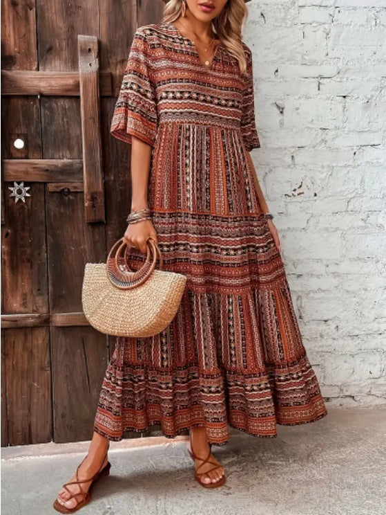 Plus Size All Over Print Tiered Dress, Vacation Notch Neck Short Sleeve Dress, Women's Plus Size Clothing