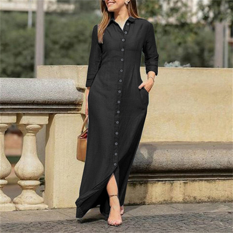 Casual Button Down Denim Maxi Dress Long Sleeve Long Jean Dresses With Pockets