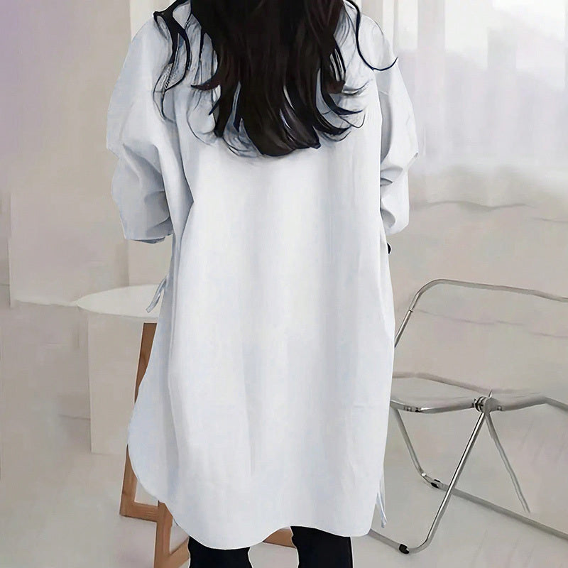 Women's Casual Loose-Fit Long Sleeve Shirt - Side Slit Tie Detail Button-Down Blouse, Solid Color Spring&Fall Top