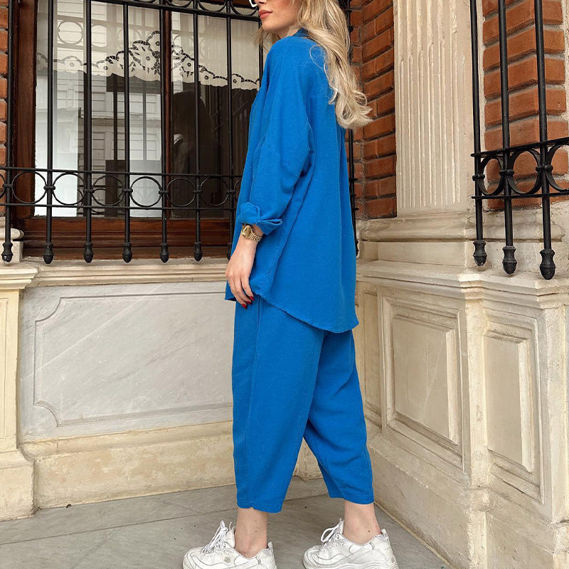 Cross-border New Fashion Casual Suit Versatile Loose Shirt High Waist Skinny Pants Two-piece Set