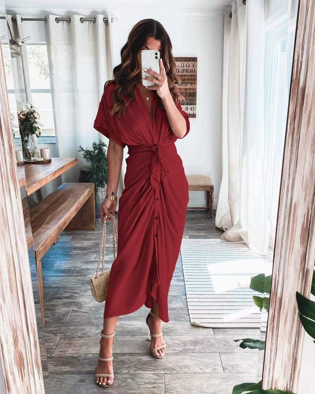 Short Sleeve Cuff Button down Collar V-neck Long Dress