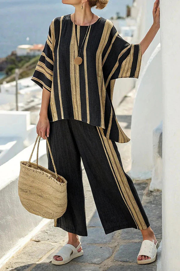 Loose Casual Vertical Stripes Ramie Bamboo Fiber Top