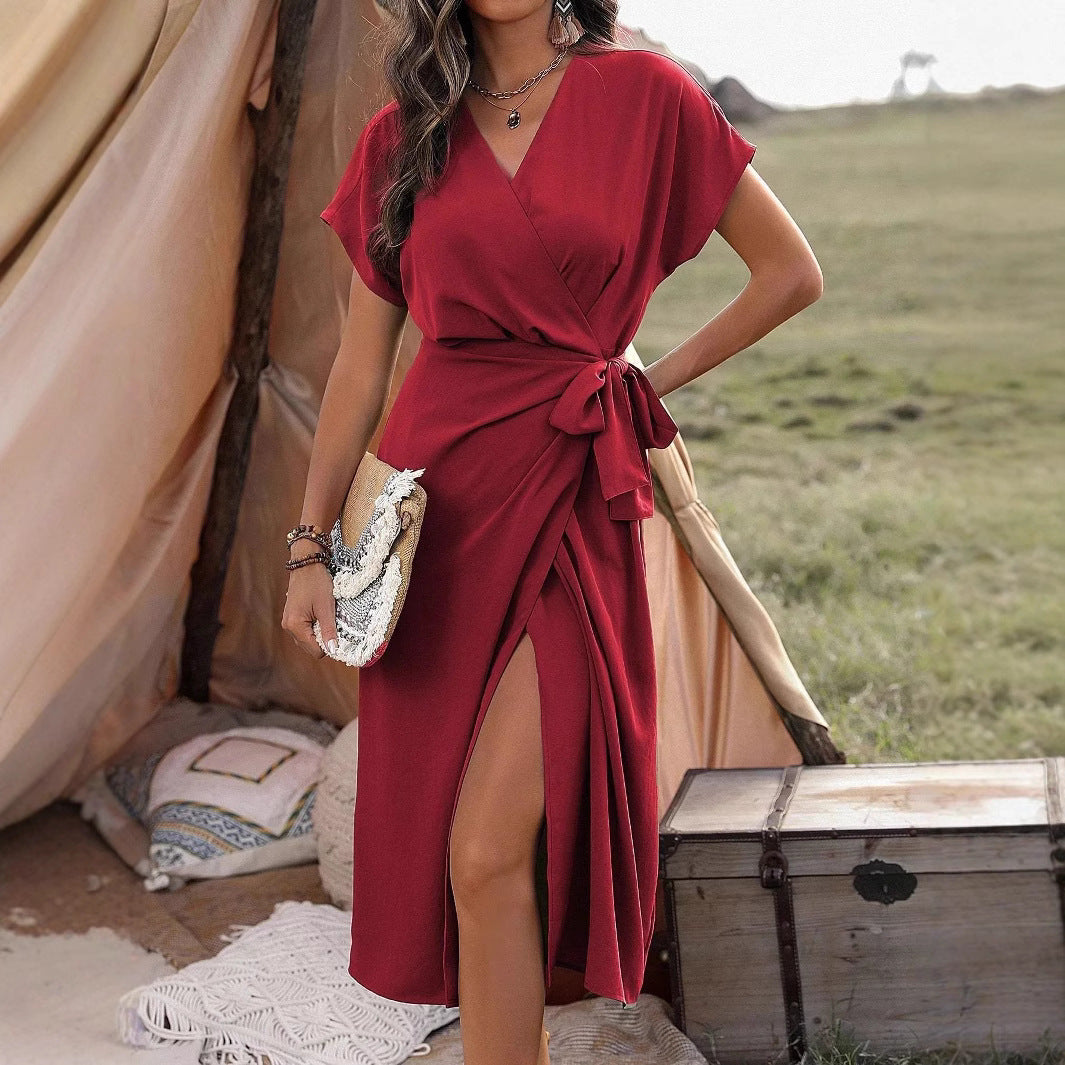 Commuting Fashion Forged Split Women's Solid Color Wrap Suspender Dress