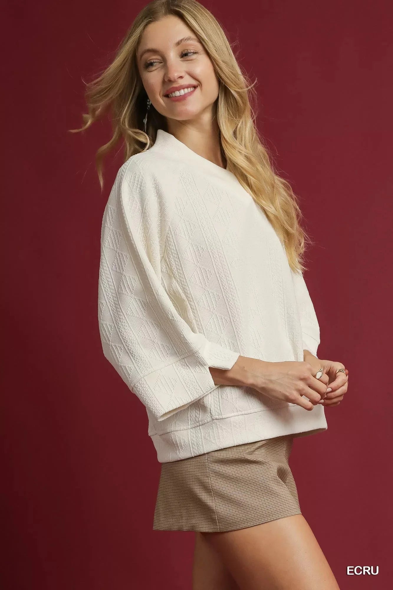 Umgee Textured Cable Knit V Neck Top
