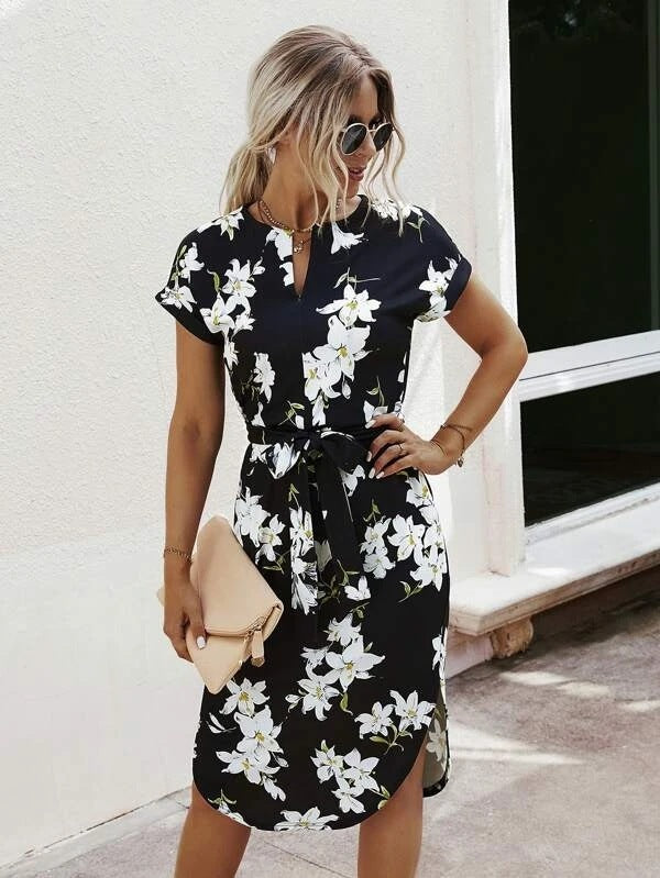 Printed Lace-up Side Split Female Dress