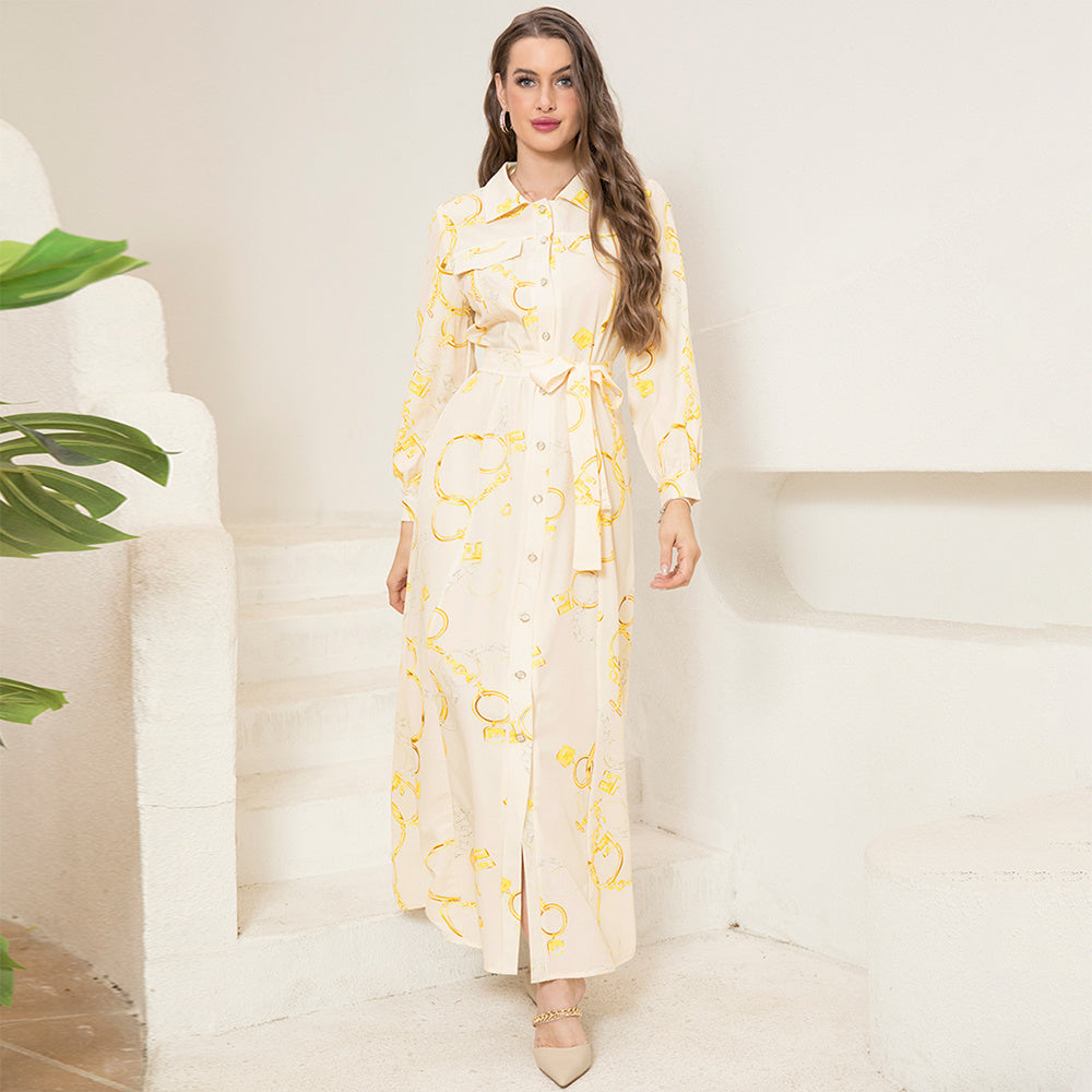 Elegant Style Lapel Chain Pattern Printing Buttons Pocket Belt Shirt Sleeve Long Dresses