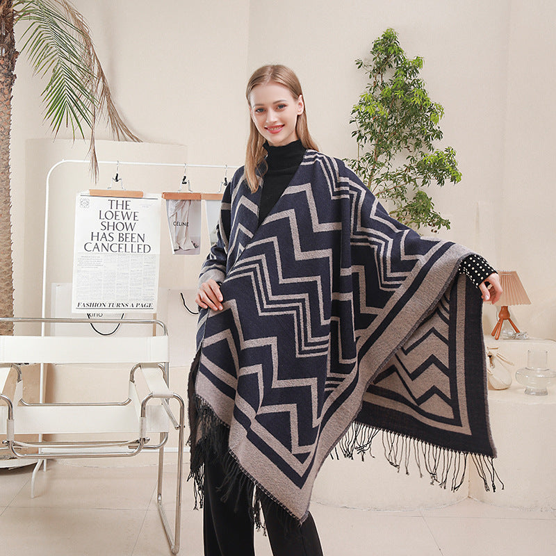 Fashionable With Side-slit Shawl Cape Herringbone Wave Scarf Shawl