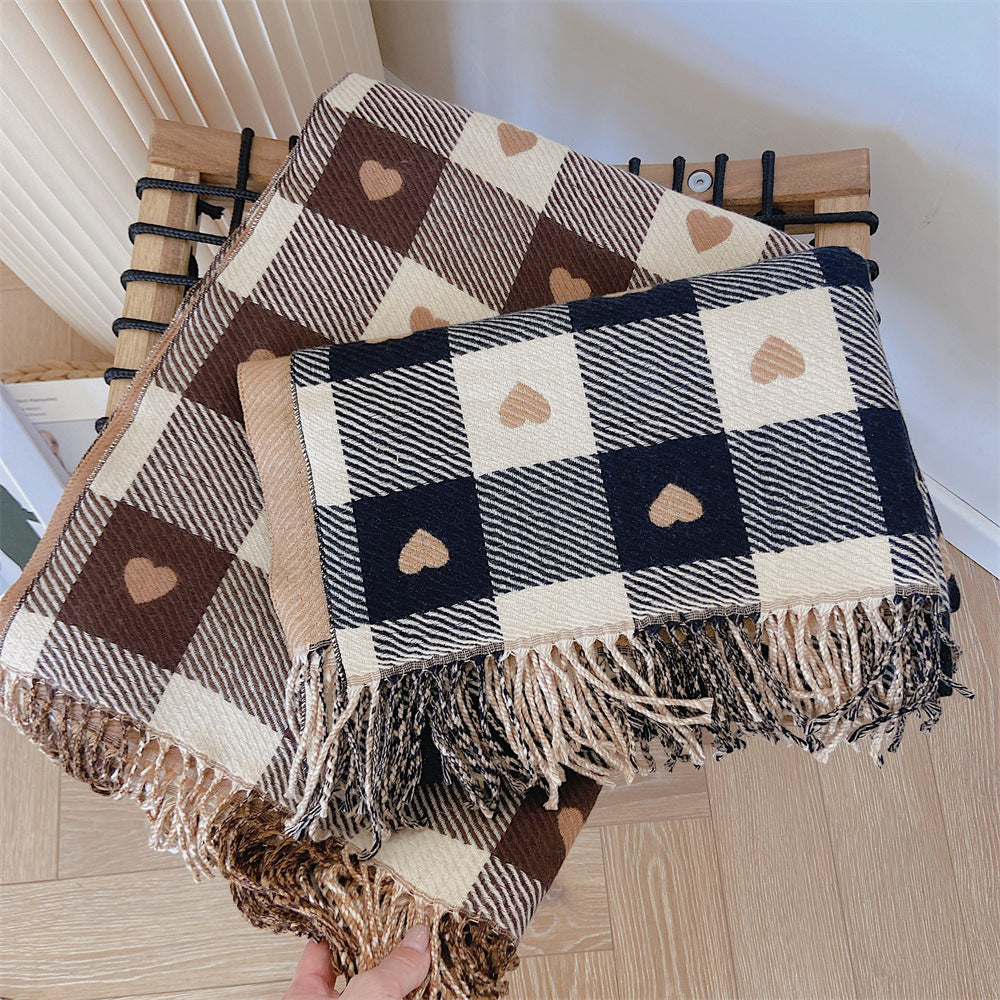 Artificial Cashmere Scarf Female With Hearts Thick Checks Fringe Bib
