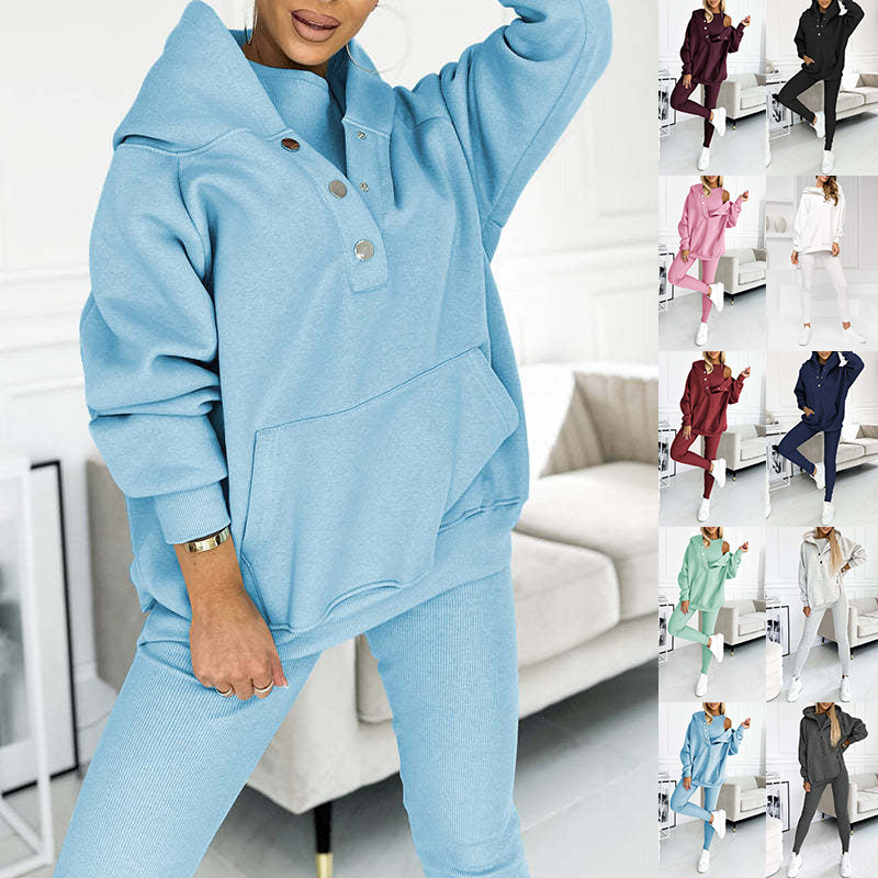 3pc Set Suit Loose Hooded Pockets Sweatshirt And Vest And Slim Trousers