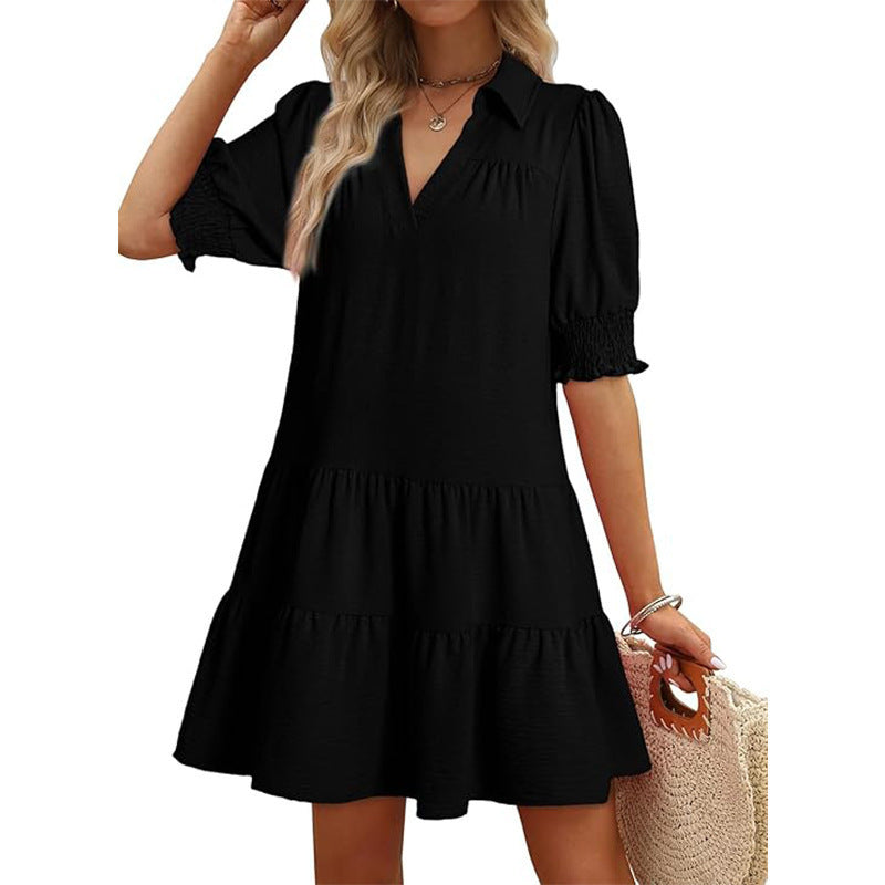 Women's Clothing Casual Polo Collar V-neck Half Sleeves Pleated Dress