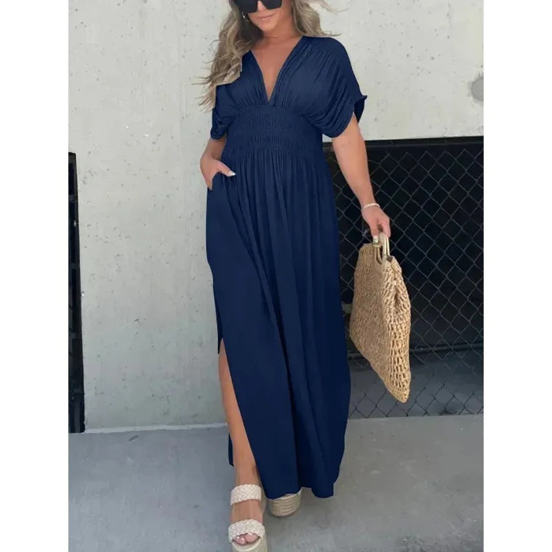 Bat-sleeved V-neck Slit Elastic Waist Long Dress