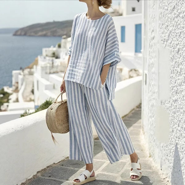 Loose Casual Vertical Stripes Ramie Bamboo Fiber Top