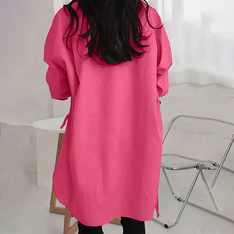Women's Casual Loose-Fit Long Sleeve Shirt - Side Slit Tie Detail Button-Down Blouse, Solid Color Spring&Fall Top