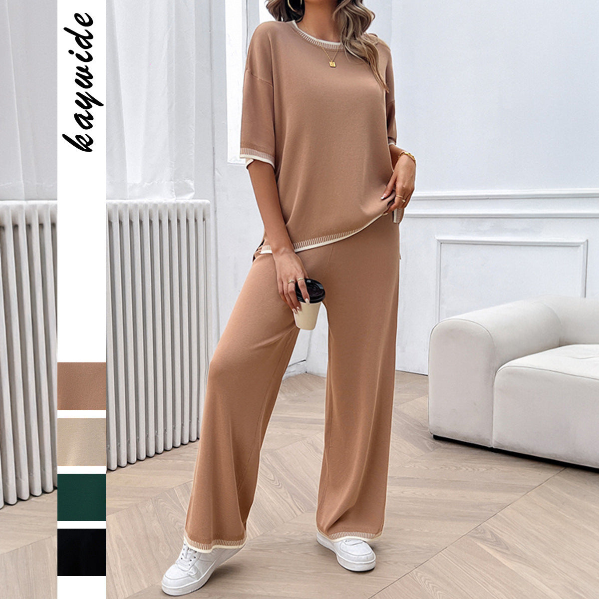Casual Loose Contrast Color Knitted T-shirt Blouse And Pants 2-piece Set