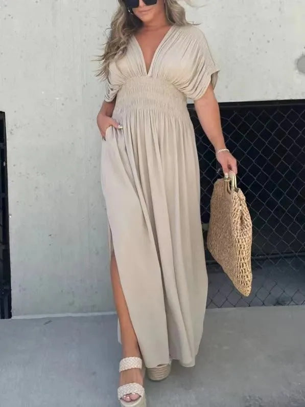 Bat-sleeved V-neck Slit Elastic Waist Long Dress