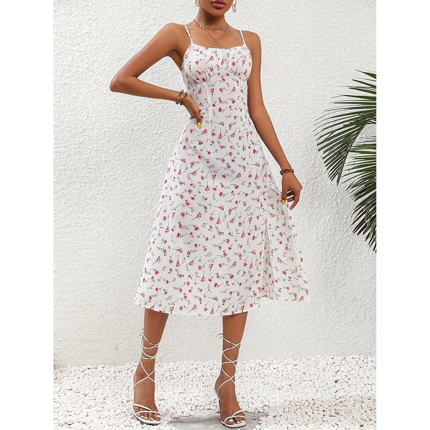 New Polka Dot Print Summer Sexy Suspender Dress Split Long Dresses For Women's Clothing