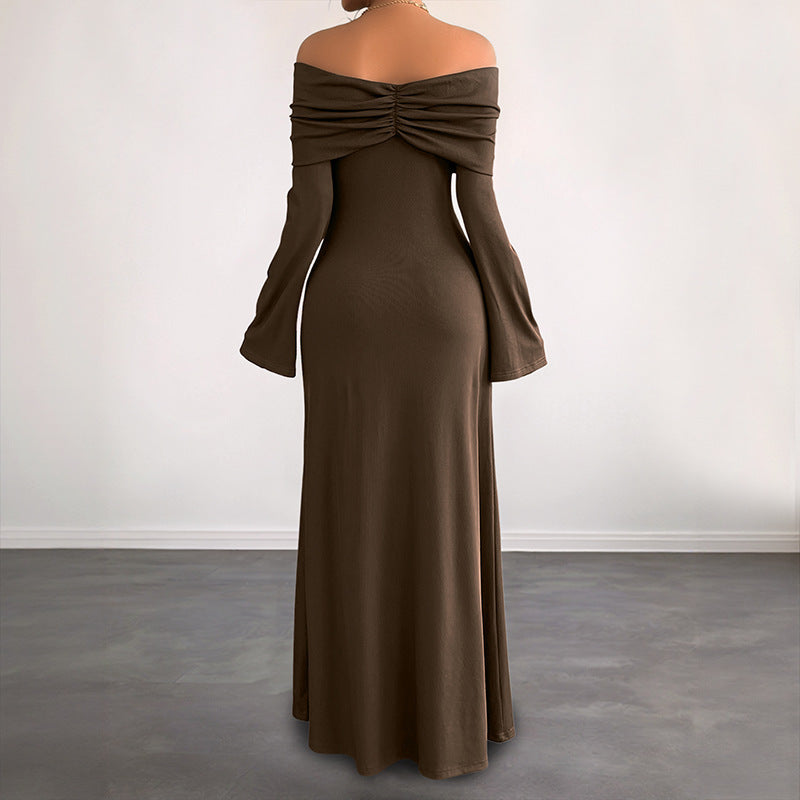 Brown Off-shoulder Slim Women's Dress