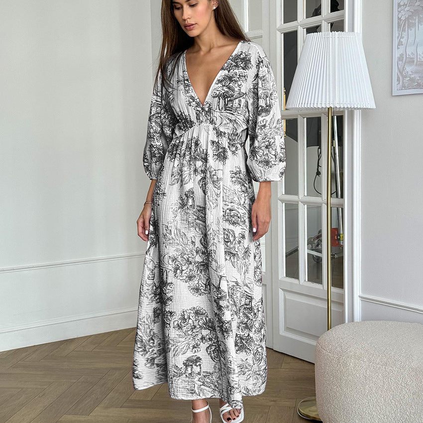 Elegant V-neck Lantern Sleeve All-matching Printed Dress