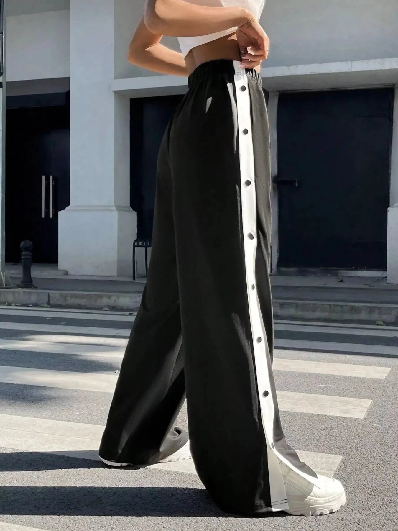 Two-Tone Side Snap Womens Wide Leg Pants