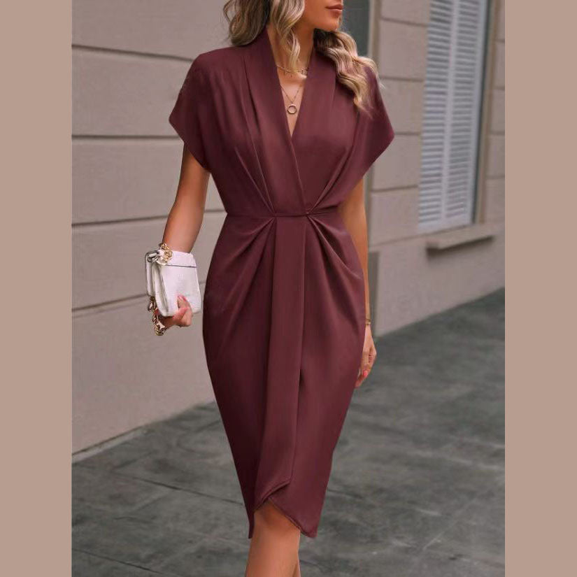 Batwing Sleeve Dress V-neck Short Sleeve Pleated Dresses