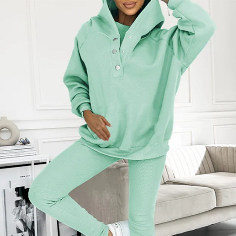 3pc Set Suit Loose Hooded Pockets Sweatshirt And Vest And Slim Trousers