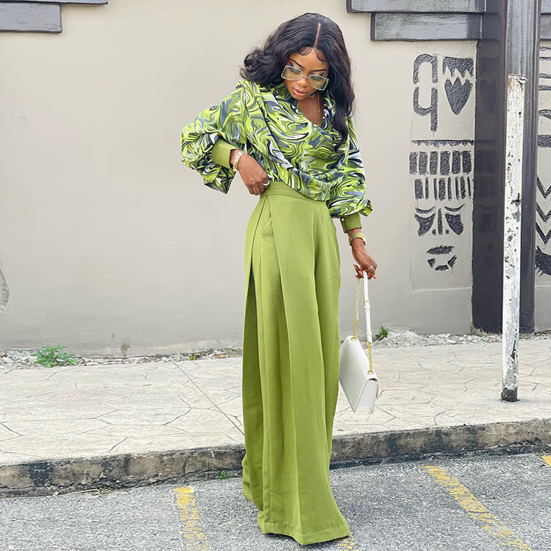 Printed Lantern Sleeve Shirt Wide-leg Suit