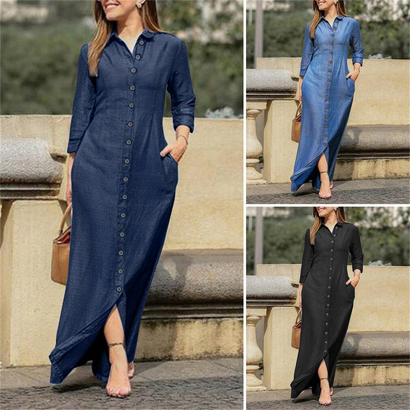 Casual Button Down Denim Maxi Dress Long Sleeve Long Jean Dresses With Pockets